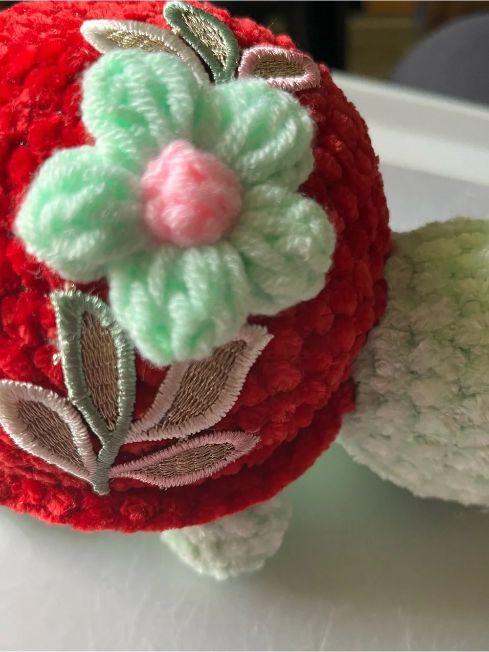 Handmade Crochet Plush Turtle Hat - Red with Mint Flower Accent 6.5”-NEW